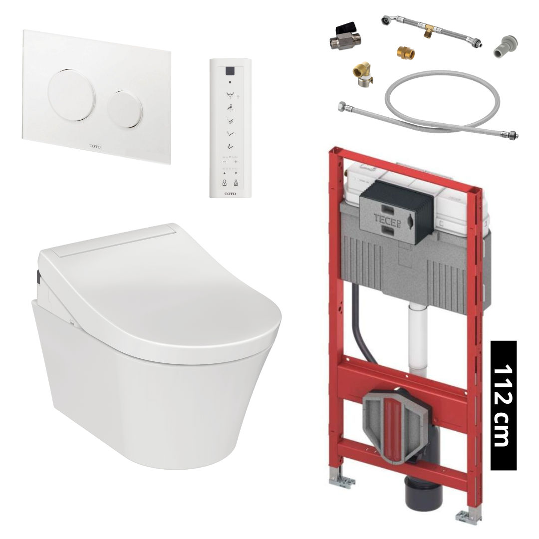 TOTO - TECE Set Washlet RG LITE Dusch-WC inkl. Vorwandelement (112 cm) u. Betätigungsplatte Glas Weiß - TCF34170GEU + CW553EY + 9300345 + 9880052 + SP515011B + E00022