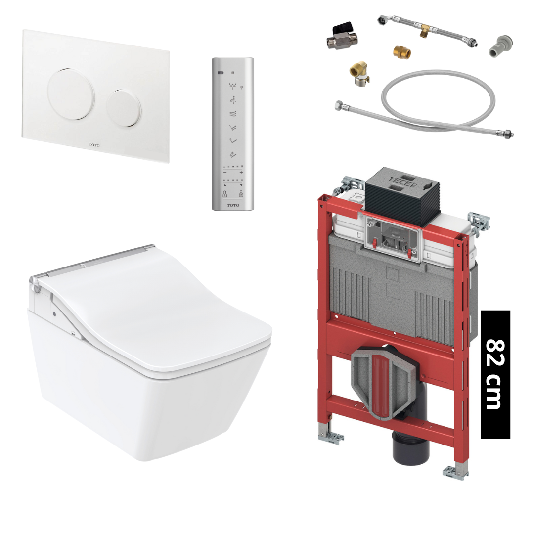 TOTO - TECE Set Washlet SW Dusch-WC inkl. Vorwandelement (82 cm) u. Betätigungsplatte Glas Weiß - TCF803CG + CW522ERY + 9300301 + SP515011B + E00022 + 9880052