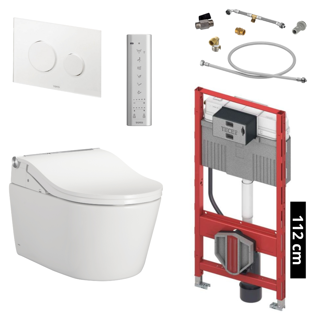 TOTO - TECE Set Washlet RW Dusch-WC inkl. Vorwandelement (112 cm) u. Betätigungsplatte Glas Weiß - TCF801CG + CW542ERY + 9300345 + 9880052 + SP515011B + E00022