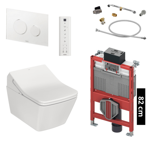 TOTO - TECE Set Washlet SX shower toilet including pre-wall element (82 cm) and white glass actuator plate - TCF896CG + CW522ERY + 9300301 + SP515011B + E00022 + 9880052 