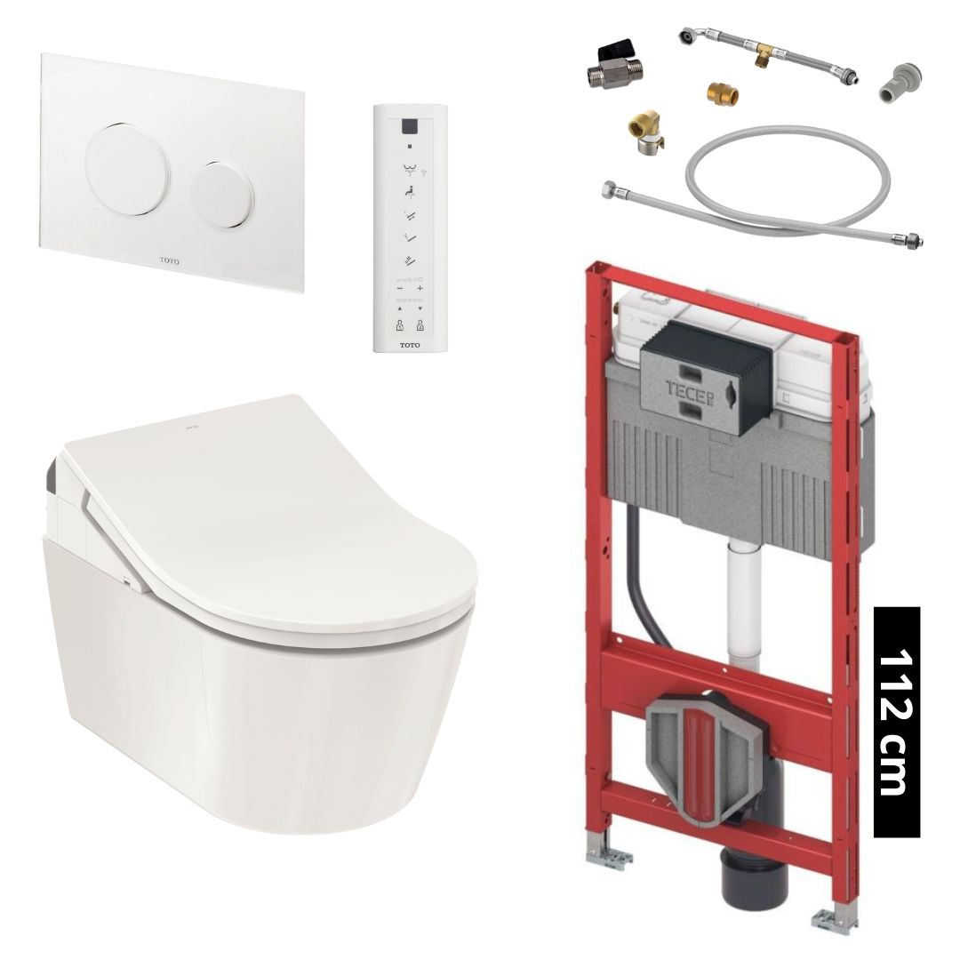 TOTO - TECE Set Washlet RX Dusch-WC inkl. Vorwandelement (112 cm) u. Betätigungsplatte Glas Weiß - TCF894CG + CW542ERY + 9300345 + 9880052 + SP515011B + E00022