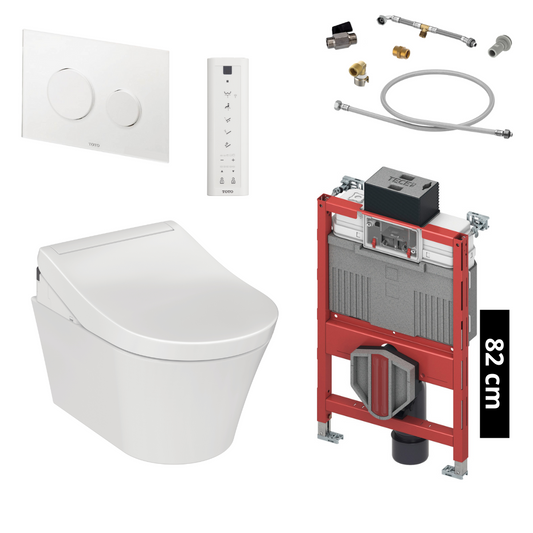 TOTO - TECE Set Washlet RG Dusch-WC inkl. Vorwandelement (82 cm) u. Betätigungsplatte Glas Weiß - TCF34270GEU + CW553EY + 9300301 + SP515011B + E00022 + 9880052