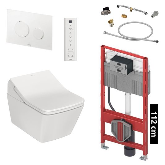 TOTO - TECE Set Washlet SX Dusch-WC inkl. Vorwandelement (112 cm) u. Betätigungsplatte Glas Weiß - TCF896CG + CW522ERY + 9300345 + 9880052 + SP515011B + E00022